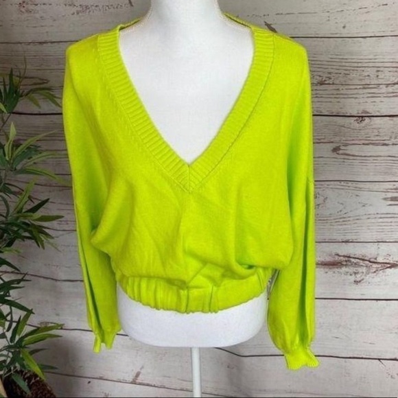 Abound V-Neck Knit Drop Shoulder Neon Elastic Waistband Hem Sweater NWT - Picture 2 of 7
